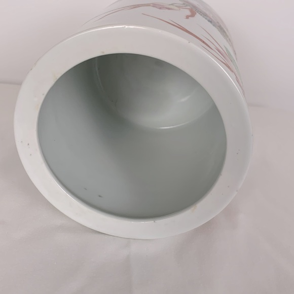 Chinese White Ceramic Water Graphic with Ducks & Flowers Container Vase Planter - Picture 9 of 9